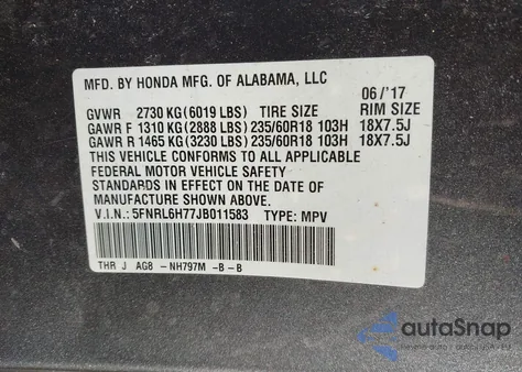 2018 Honda Odyssey Ex-L из США, поврежденный, VIN 5FNRL6H77JB011583